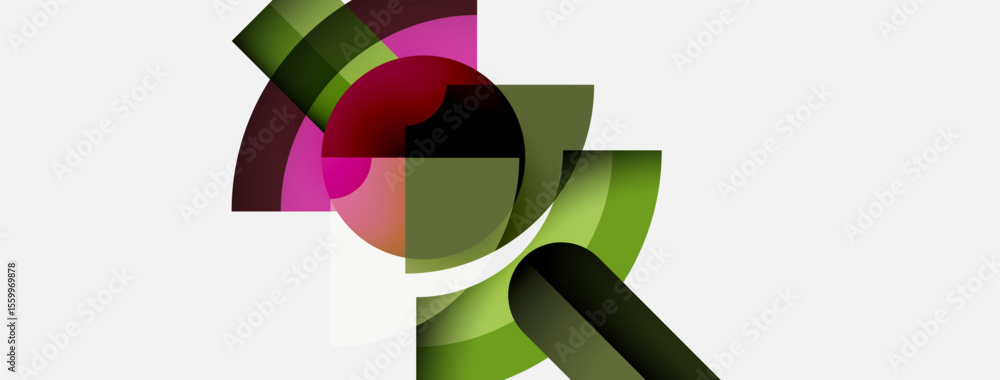 Poster abstract composition features overlapping curved shapes. colors include green, pink, black, gray. mi