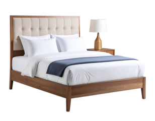A stylish wooden bed with a tufted headboard and crisp white linens offers a serene bedroom experience.