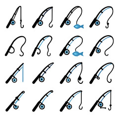 Various Fishing Rod Illustrations in Different Angles and Positions