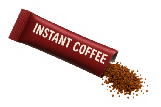 Instant coffee pouring from red stick pack on transparent background