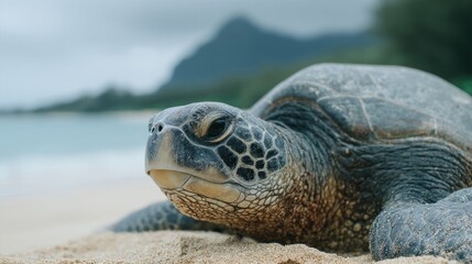 Gentle sea turtle lounges on a sandy shore, celebrating World Oceans Day, embodying coastal serenity and ancient wisdom