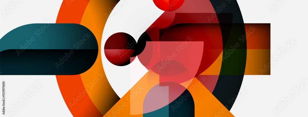 Poster Abstract geometric composition. Overlapping circles, rectangles create dynamic visual effect. Warm, cool colors contrast, forming modern design.