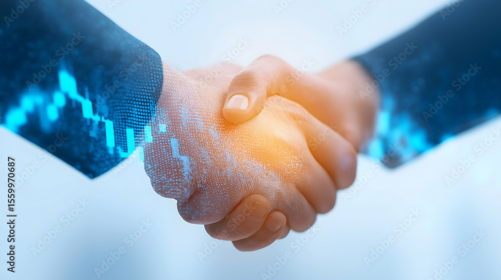 Aufkleber two hands shaking, merging digital data and business concepts with glowing effects, symbolizing a te
