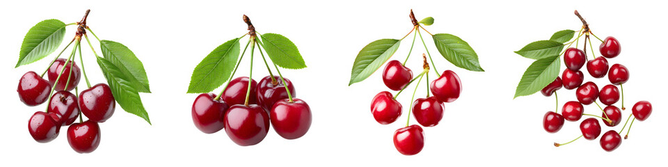 Cherry Fruit Set: Fresh Ripe Cherries with Stems and Leaves