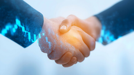 Two hands shaking, merging digital data and business concepts with glowing effects, symbolizing a tech-driven partnership or agreement.