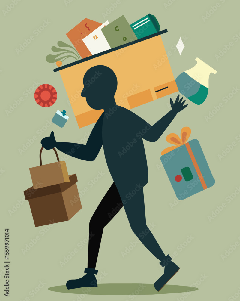 Poster a silhouette of a person carrying a large box labeled invisible burden with items spilling out marke