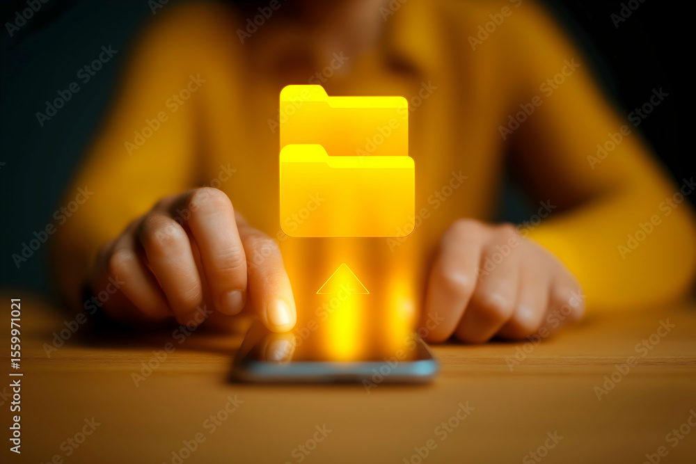Poster a person interacts with a smartphone, projecting a glowing yellow folder icon symbolizing digital fi