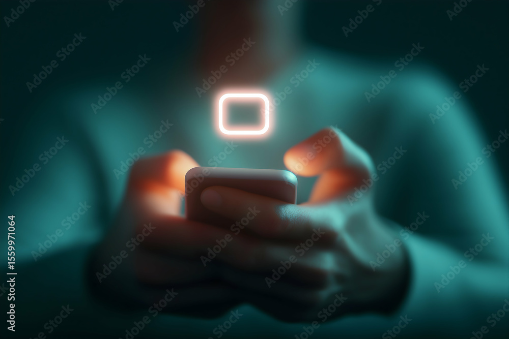 Poster a person holding a smartphone with a glowing notification icon floating above the device in a dimly 