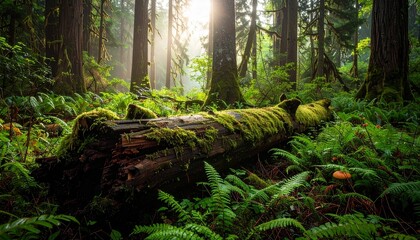 Fototapeta premium Decaying log in dense wilderness fostering moss, fungi, and insect habitat, captured under morning mist 