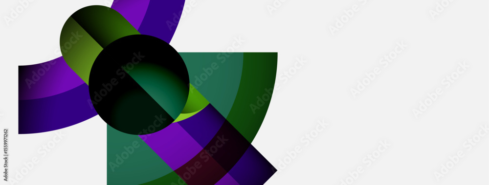 Poster Abstract design features overlapping purple, green shapes. Central black circle adds depth, creating dynamic visual composition.