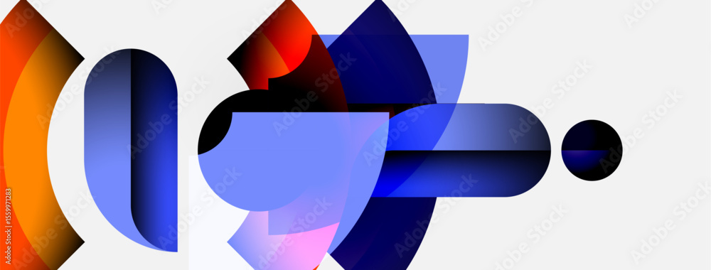 Poster abstract composition featuring overlapping translucent shapes. colors blend, creating dynamic visual