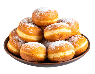 Golden fried donuts, generously coated with powdered sugar, creating an irresistible sweet treat.