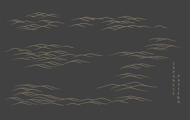 Japanese background with hand drawn wave elements vector. Gold line pattern with ocean object in vintage style.