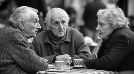 Three elderly people in conversation. A moment of quiet contemplation at an outdoor cafe