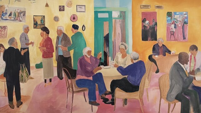 A lively gathering in a cafe.  Diverse group socializing, enjoying drinks and conversation.  Colorful interior