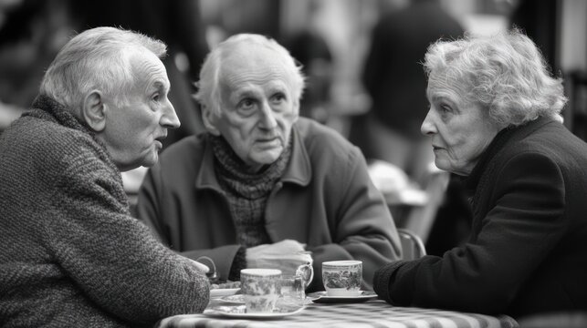 Three elderly people in conversation.  A moment of quiet contemplation at an outdoor cafe