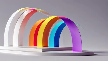 Emerging on left arch, translucent ribbon flowing over seven arches on tiered platforms, in studio - Powered by Adobe