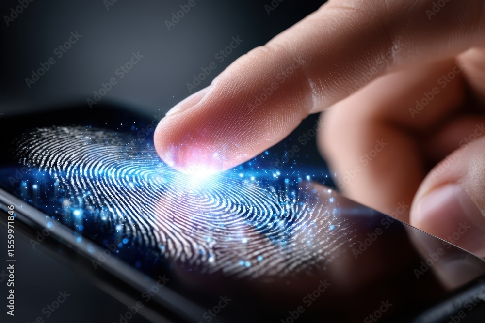 Poster finger touching smartphone screen with glowing fingerprint recognition technology in action