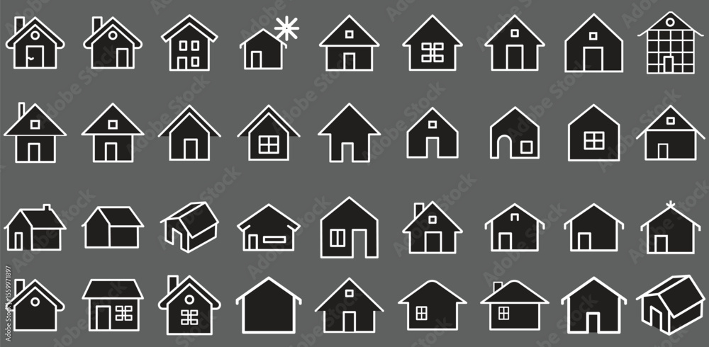 Poster home flat icon set with house buildings apartments and property symbols in black outline style for w