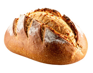 A perfectly baked, golden-brown artisan bread loaf showcases its rustic texture and flour dusting.