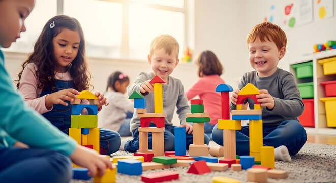 A happy diverse group of preschool children sit on the floor together building towers with colorful wooden blocks