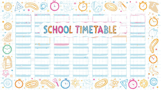 A school timetable with colorful doodles and a grid background for organizing daily activities and events