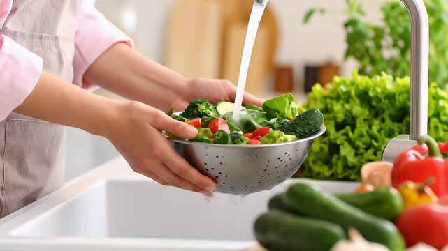 Woman in apron washing fresh vegetables in colander under running water in kitchen, preparing healthy meal