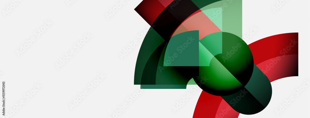 Poster Abstract design features overlapping shapes. Red, green, gray hues create dynamic composition on white background. Modern, minimalist aesthetic.