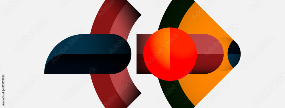 Poster abstract geometric shapes overlap, creating dynamic composition. red, orange, navy, maroon colors do