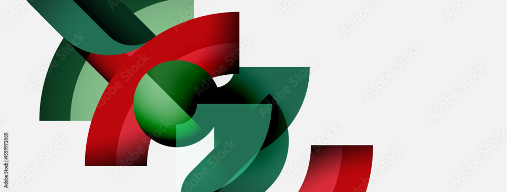 Poster Abstract design features overlapping green, red shapes. Minimalist composition with smooth gradients, creating dynamic visual effect. Clean, modern aesthetic.