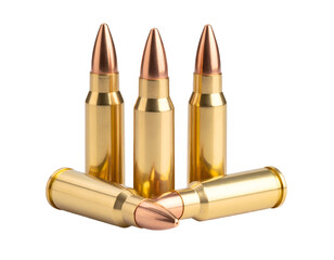 A close-up view of five polished rifle cartridges highlighting their detailed metallic construction.