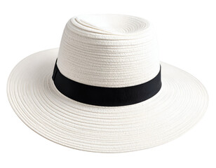 Elegant wide-brimmed white hat crafted from natural straw, adorned with a sleek black band.