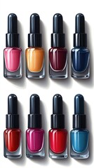 Nine bottles of nail polish in various colors