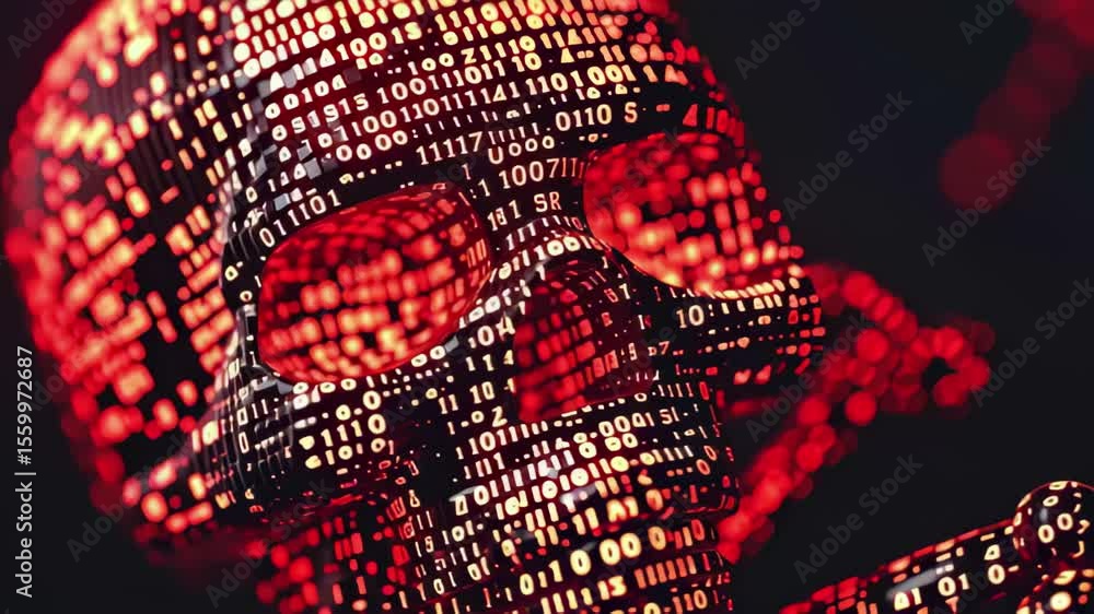 Poster digital skull and crossbones design created with binary code for cyber crime theme, digital skull an