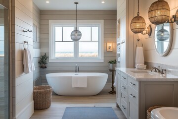 A modern coastal bathroom and nautical details provide a relaxed seaside vibe, A contemporary bathroom with coastal design and nautical accents, offering a tranquil seaside vibe