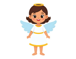 A delightful cartoon angel with a golden halo and light blue wings smiles sweetly, embodying innocence.