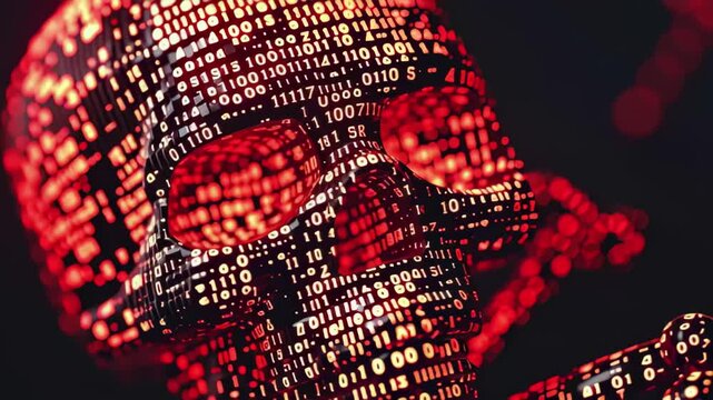 Digital skull and crossbones design created with binary code for cyber crime theme, Digital skull and crossbones from numbers Cyber crime or online piracy concept 3D render