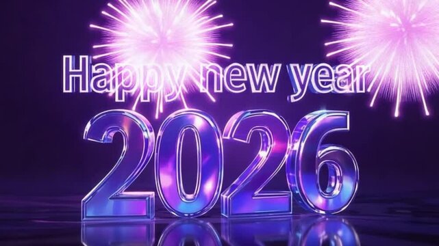 Happy New Year 2026 Sparkling Neon Celebration Animation Festive Holiday Greeting 3 D Render New Years Eve Party Countdown Digital Graphics Purple Violet Iridescent Shiny Glowing