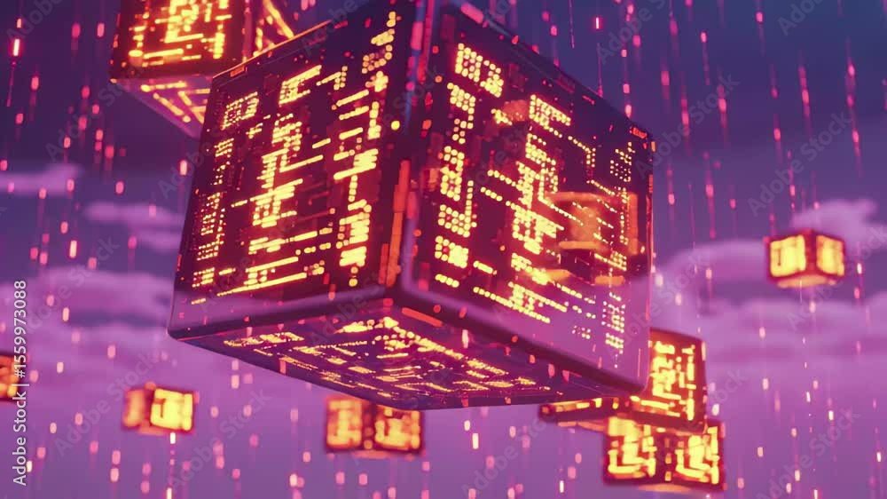 Poster Digital cubes with luminous program code floating in a futuristic environment at dusk, Digital cubes with program code levitate in mid air Big data concept 3D render