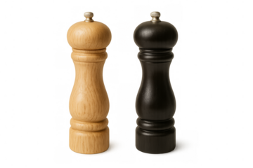 Two wooden pepper or salt mills shakers on transparent background