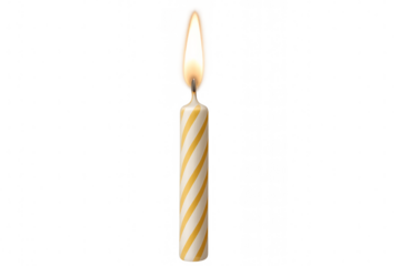 Burning birthday candle with yellow stripes on transparent background