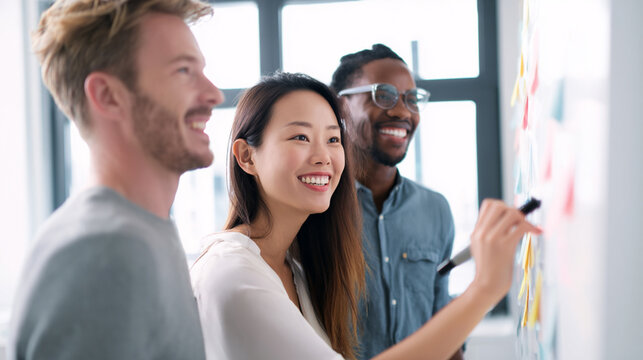 a group of young business people presenting presentation at a white board - Powered by Adobe