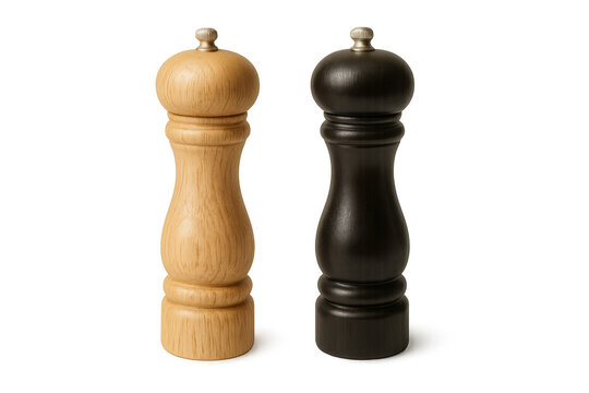 Two wooden pepper or salt mills shakers on transparent background