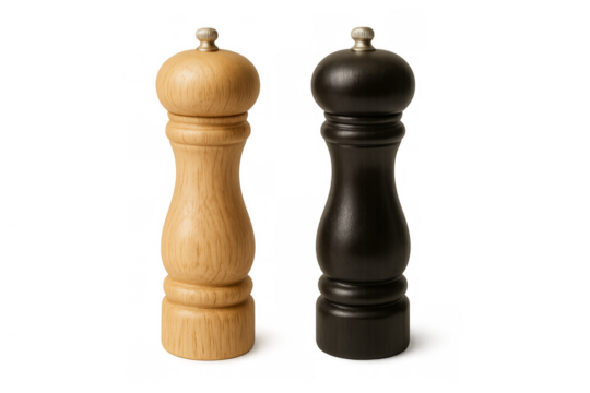 Two wooden pepper or salt mills shakers on transparent background