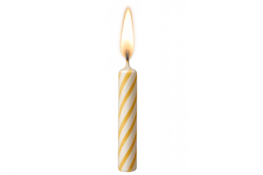 Burning birthday candle with yellow stripes on transparent background