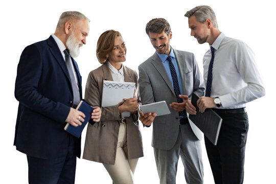 Business team discussing together business plans on a transparent background