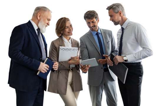 Business team discussing together business plans on a transparent background