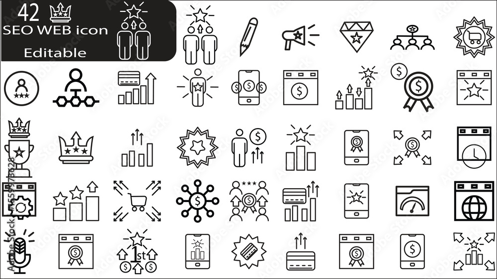 Fototapete Set of hand drawn doodle icons for web design and business vector illustration collection with arrows music food phone and computer symbols seamless pattern background