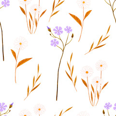 Autumn daisies. Seamless floral pattern on a white background of flowers with yellow-brown leaves.