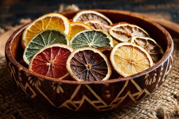 Vibrant dried citrus slices in rustic bowl. Perfect for food blogs, websites, and seasonal projects.
